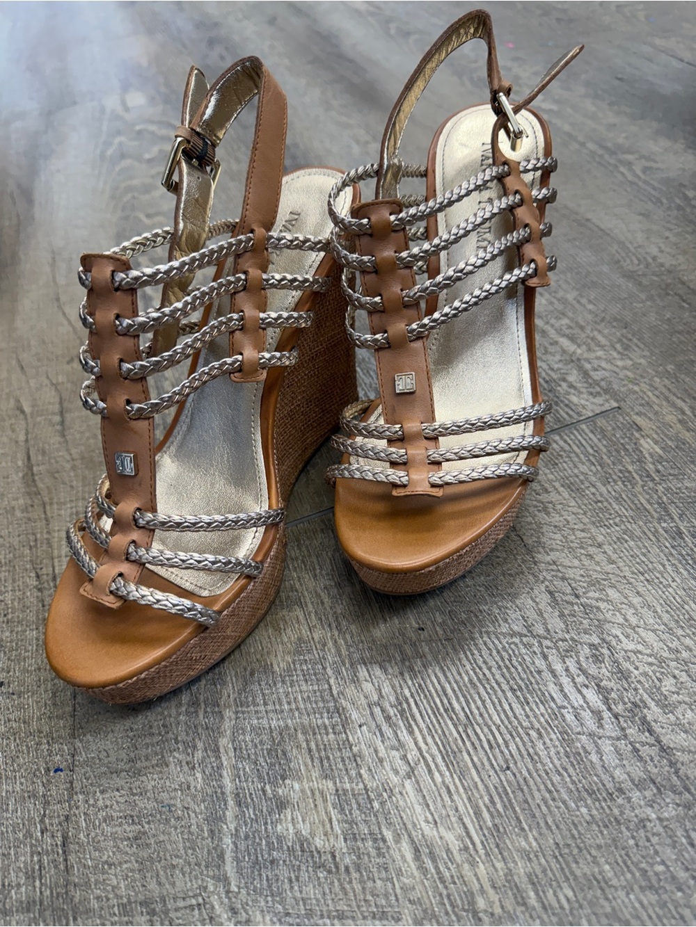 Ivanka Trump Brown Wedge Sandals with Silver Braided Straps